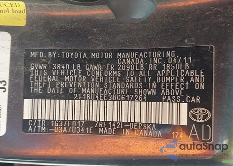 2011 Toyota Corolla S from USA, damaged, VIN 2T1BU4EE3BC617264